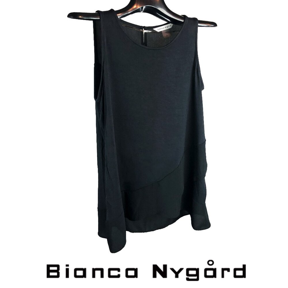Bianca Nygard Black tank top sheer back shoulders, front sheer hem & layering M
